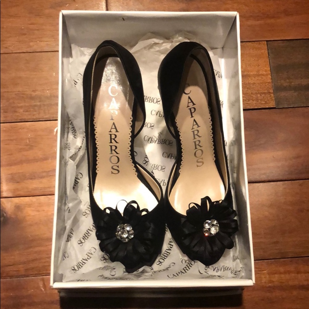 Caparros Cherish black satin formal heels.